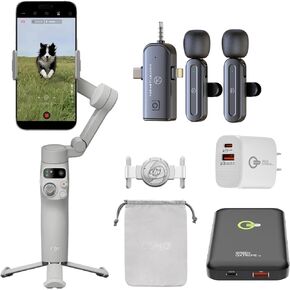 DJI Osmo Mobile 7 Gimbal Stabilizer for iPhone, Android, Built-in Tripod, 3-Axis Phone Gimbal, ActiveTrack 7.0, ShotGuides, 10hrs Use, Phone Charging + Portable Charger + Wireless Mic Set + 20W Plug in Kuwait