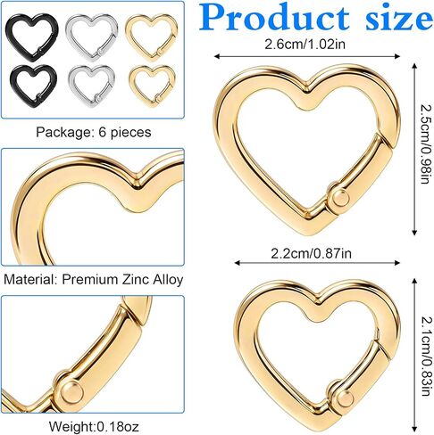 6 Pcs Heart Carabiner, Small Carabiner Keychain Clip, Cute Heart Shaped Carabiner, Key Ring for Camping Accessories, Backpack Water Bottle Zinc Alloy Accessory (Gold, Silver, Black) in Saudi Arabia