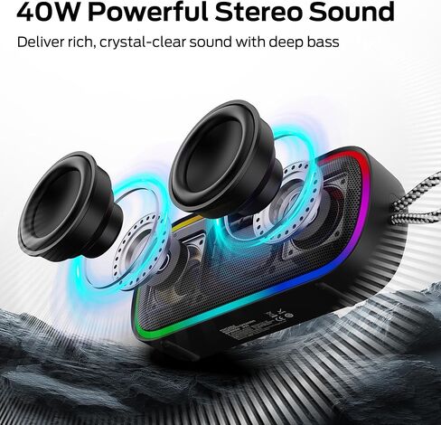 Monster S150 بالإضافة إلى مكبر صوت بلوتوث المحمول 40W - مكبر صوت IPX7 مقاوم للماء مع أضواء RGB ديناميكية ، وقت اللعب 15 ساعة ، شحن Bluetooth 6.0 ، TF/AUX/USB -C ، للسفر ، الشاطئ والهواء الطلق ، الأسود in Kuwait