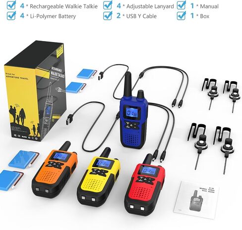 Talkies Walkie للبالغين طويلة المدى مع إعادة شحنها مع NOAA Weather Alert ، متعددة الأغراض 2 Way Radios 4 Pack for Team Collors Care Kids Adventure Family Camping Cruise Cruise in Kuwait