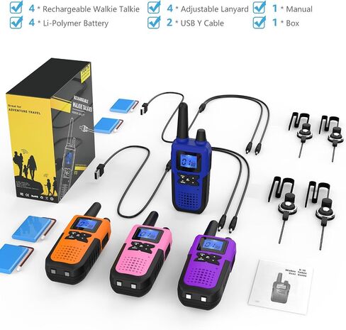 Talkies Walkie للبالغين طويلة المدى مع إعادة شحنها مع NOAA Weather Alert ، متعددة الأغراض 2 Way Radios 4 Pack for Team Collors Care Kids Adventure Family Camping Cruise Cruise in Kuwait