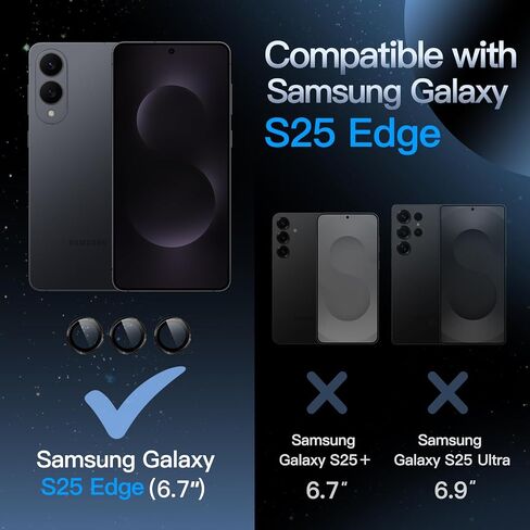 JETech Camera Lens Protector for Samsung Galaxy S25 Edge, 9H Tempered Glass Metal Individual Ring Cover, Easy Installation Tray, HD Clear, 1 Set (Black) in Saudi Arabia