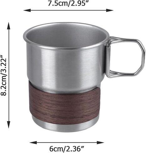 Mioyoow Camping Cup ، 304 أكواب التخييم من الفولاذ المقاوم للصدأ سعة 290 مل مع كأس خشبي ومقبض قابلة للطي للتخييم في المنزل in Saudi Arabia