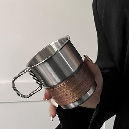 Mioyoow Camping Cup ، 304 أكواب التخييم من الفولاذ المقاوم للصدأ سعة 290 مل مع كأس خشبي ومقبض قابلة للطي للتخييم في المنزل in Saudi Arabia