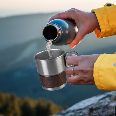 Mioyoow Camping Cup ، 304 أكواب التخييم من الفولاذ المقاوم للصدأ سعة 290 مل مع كأس خشبي ومقبض قابلة للطي للتخييم في المنزل in Saudi Arabia