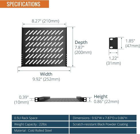 Tecmojo 2 Pack 0.5U رف رف رف لرفع 10 "رف الخادم ، 7.87" صينية ناتئة عميقة ، رف معدني لخزانة الشبكة ، حاوية الخادم ، تدفق الهواء المحسن ، الأسود in Saudi Arabia