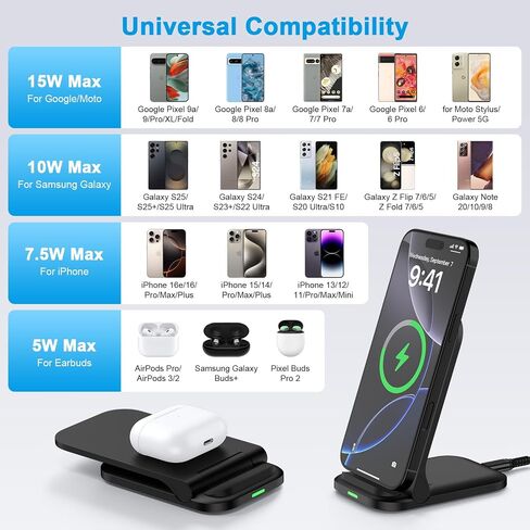 Foldable Samsung Wireless Charger Stand Fast Charging for Samsung Galaxy S25 Ultra S24 FE S23 S22 S21 S20 Z Flip7, Android Phone Wireless Charger Station for Google Pixel 10 9 Pro XL Fold with Adapter in Saudi Arabia