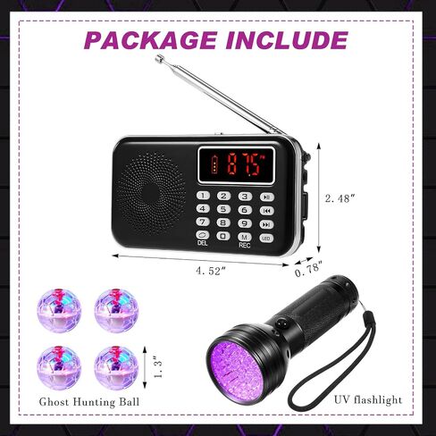 تتضمن مجموعة معدات الصيد الأشباح 6 PCS 1 راديو FM ، 4 كرات Cat Light (تشمل البطارية) ، 1 مصباح يدوي للأشعة فوق البنفسجية للبحث الخارق in Saudi Arabia