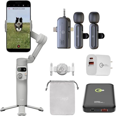 DJI Osmo Mobile 7 Gimbal Satilizer for iPhone و Android و Tripod مدمج و 3 محاور Gimbal و Activetrack 7.0 و ShotGuides ، 10 ساعات ، شحن الهاتف + شاحن محمول + مجموعة ميكروف in Saudi Arabia