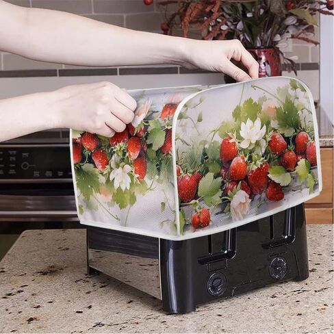 Red Strawberry Flower 2, 4 Slice Toaster Cover Realistic Fruit Strawberries Polyester Fabric 2/4 Slice Toaster Berry Plant Flower For Kitchen Small Appliance -M in Saudi Arabia