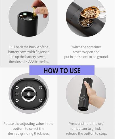 Electric Pepper and Salt Grinder, Spice Mill ，Battery Powered Adjustable 5 Levels of Coarseness Black Pepper Grinder Mill, Automatic Grinding with LED Light in Saudi Arabia