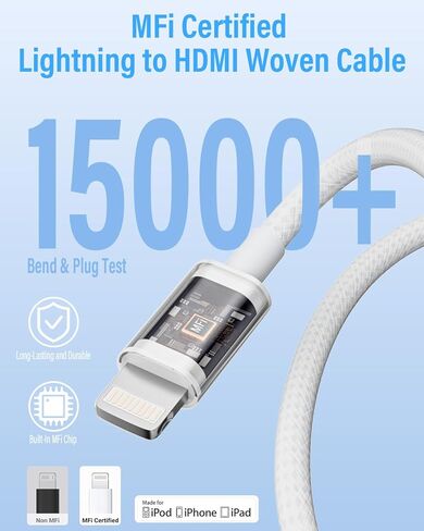 Apple MFI Lightning to HDMI Cable Adapter [6.6 ft] ، nylon braided 2K@60Hz iPhone إلى محول HDMI للتلفزيون/الشاشة/جهاز الإسقاط ، محول AV Digital Lightning لـ iPhone iPad iPad in Kuwait