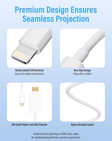 Apple MFI Lightning to HDMI Cable Adapter [6.6 ft] ، nylon braided 2K@60Hz iPhone إلى محول HDMI للتلفزيون/الشاشة/جهاز الإسقاط ، محول AV Digital Lightning لـ iPhone iPad iPad in Kuwait