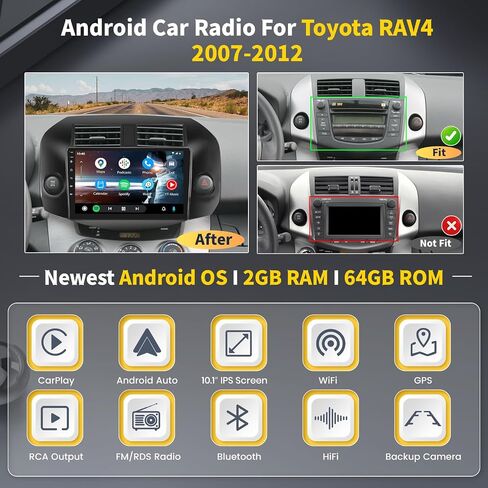 2+64 جيجا بايت Apple Carplay لاسلكي لراديو Android Toyota RAV4 2007-2012، شاشة Hikity 10.1 بوصة تعمل باللمس RAV4 ستيريو مع Android Auto، HiFi، نظام تحديد المواقع العالمي (GPS)، واي فاي، بلوتوث، SWC، ميكروفون، كاميرا احتياطية in Saudi Arabia