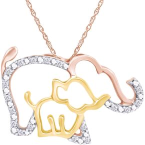 AFFY Round White Natural Diamond Mother & Baby Elephant Pendant Necklace in 10K Solid Gold, With 18" Chain Gift For Her