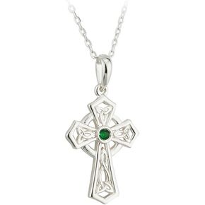 Biddy Murphy 925 Sterling Silver Celtic Cross Necklace for Women, Traditional Irish Emerald Green Cubic Zirconia, Made in Ireland, 1 1/8" H x 5/8" W, 18" Length
