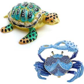 YU FENG Sea Turtle And Crab Trinket Box Hand-painted Hinged Jewelry Storage Box Ring Holder