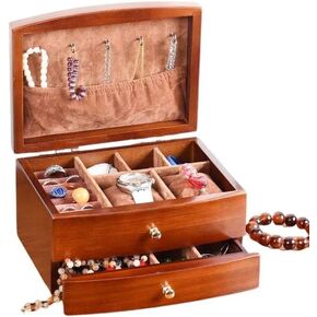 Solid Wood Jewelry Organizer Box for Women, Vintage 2-Layer Wooden Jewelry Boxes with a Drawer，Jewelry Storage for Necklaces Earrings Rings Bracelet for Girls