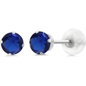 Gem Stone King 10K White Gold Blue Created Sapphire Stud Earrings For Women (0.50 Cttw, Round 4MM)