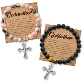 CJiangpo Natural Stone Cross Bracelet for Godparents, Godmother Godfather Bracelets Proposal Gifts Catholic Jewelry Christian Religious Cross Beaded Bracelets for Christmas Baptism Gifts