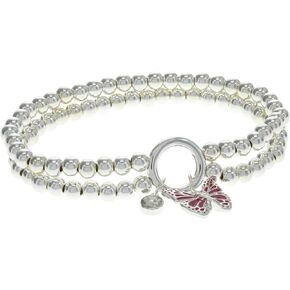 Alex and Ani Breast Cancer Awareness Butterfly Double Stretch Bracelet, Shiny Silver Finish, Pink Charm, 6.75 to 8 in