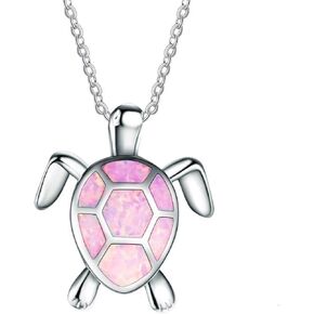 Sea Turtle Opal Pendant Necklace Silver Plated Unique Lovely Blue White Created Opal Ocean Longevity Animal Hawaiian Beach Chain Necklace for Women Men Boys Girls Birthday Holiday Fashion Jewelry Gifts