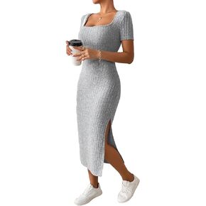 SOLY HUX Women's Square Neck Short Sleeve Split Hem Bodycon Dress Midi Dresses