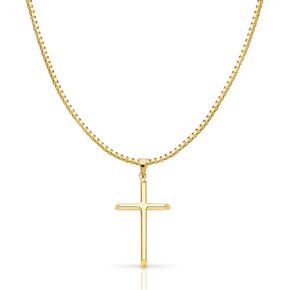 14K Yellow Gold Classic Cross Religious Charm Pendant with 1mm Box Chain Necklace