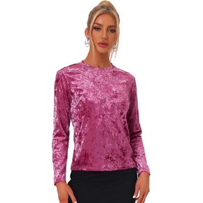 Allegra K Casual Velvet Top for Women's Soft Vintage Crew Neck Long Sleeve Christmas T-Shirt