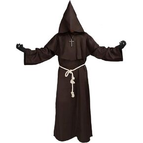 Luojida Medieval Monk Priest Robe Black Hooded Renaissance Friar Cloak Tunic Halloween Cosplay Costume for Men