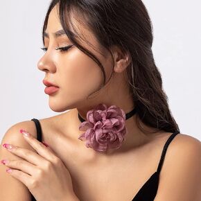 Bohemian Flower Choker Necklace Long Wrap Tassel Floral Collar Necklace Handmade Artificial Tulle Rose Tie Necklace Party Wedding Accessories for Women