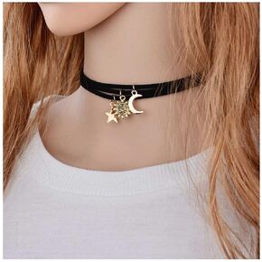 Boho Black Layered Star Moon Choker Necklace Gold Sun Pendant Necklace Vintage Suede Choker Necklace Gothic Retro Leather Necklace Chain Jewelry for Women and Girls Gifts 3Pcs