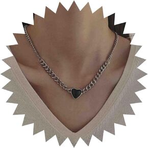 Boho Onyx Heart Pendant Necklace Black Heart Choker Necklace Onyx Love Heart Necklace Gemstone Heart Collar Necklace Silver Curb Chain Necklace Jewelry for Women and Girls
