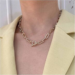 Allereyae Boho Paperclip Chain Link Necklace Chunky Paperclip Chain Choker Necklace Circle T Bar Choker Necklace Gold Minimalist Toggle Necklace Chain Jewelry for Women and Girls