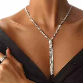 Xerling Rhinestones Tassel Choker Tennis Necklaces for Women Wedding Layered Crystal Y-Necklaces Pearl Bar Pendant Necklaces Elegant for Girls Party