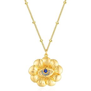 VACRONA Evil Eye Necklace for Women 18k Gold Plated Textured Disk Necklace Shark Tooth Necklace Multicolored CZ Turquoise Protection Heart Pendent Hamsa Minimallist Layering Coin Necklace……