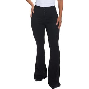 dollhouse Women's Black High Rise Curvy Flare with Exposed Buttons and Zipper Fly