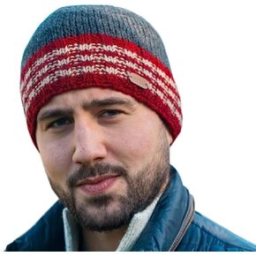 Erin Knitwear Irish Wool Beanie Cap - Gray and Red, One Size Fits Most
