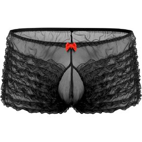 YOOBNG Mens Mesh Lace Boxer Briefs Sissy Lingerie Frilly Ruffled Panties See Through Underwear Sleepwear