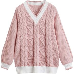 SweatyRocks Women's Cable Knit Color Block Oversized Sweater Top V Neck Long Sleeve Drop Shoulder Pullover Sweater