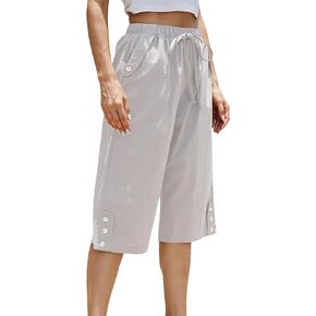Women Capri Pants Summer Loose Wide Leg Drawstring Elastic Waist Yoga Lounge Cropped Pants with Pockets