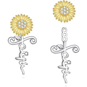 POPLYKE Faith Cross Flower Stud Earrings for Women Sterling Silver Dangle Earring Jewelry Gifts for Women Mom Wife