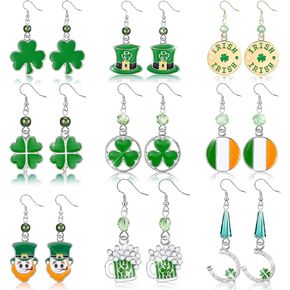9 Pairs St. Patrick's Day Earrings for Women Shamrock Green Clover Earrings Hat Beer Earrings for Irish Holiday