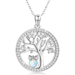 Tree of Life Necklace for Women 925 Sterling Silver Owl Tree of Life Pendant Necklace with Opal/Abalone Tree of Life Jewelry Christmas Birthday Party Gifts for Women Girls