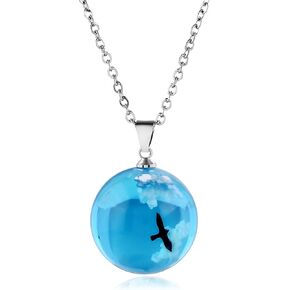 Handmade Blue Sky White Cloud Resin Ball Pendant Necklace for Women Girls Funny Creative Transparent Spherical Round Glass Charm Nature Chain Necklace for Nature Lover Fashion Jewelry Gifts