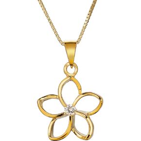 925 Sterling Silver Floating Cut-Out Plumeria Flower Necklace Pendant with 18" Box Chain, 14K Gold Plated, Cubic Zirconia, Nickel Free Hypoallergenic for Sensitive Skin, Gift Box Included