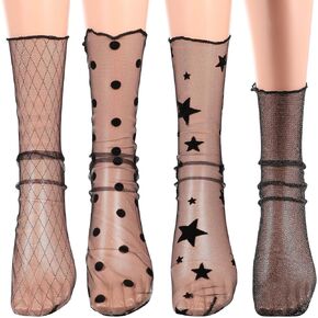 4 Pairs Women Sheer Mesh Tulle Socks Novelty Slouch Socks Nylon Lace Loose Socks