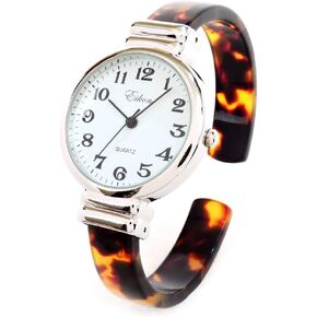 Tortoise Silver Acrylic Band Slim Case Women's Bangle Cuff Watch