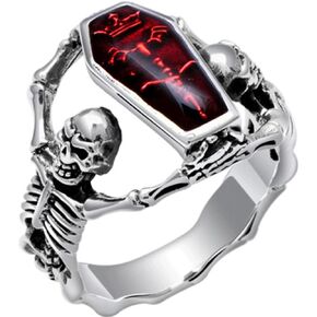 Jude Jewelers Rhodium Plated Gothic Skull Skeleton Created Red Turquoise Halloween Cocktail Party Biker Ring
