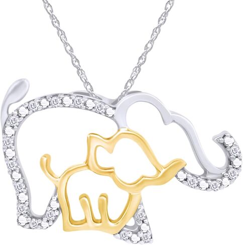 AFFY Round White Natural Diamond Mother & Baby Elephant Pendant Necklace in 10K Solid Gold, With 18" Chain Gift For Her in Saudi Arabia